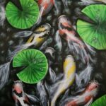 Danielle Art Original Acrylic and Oil Paintings Koi fish swimming among lily pads with water droplets, reflecting fine art and good food.