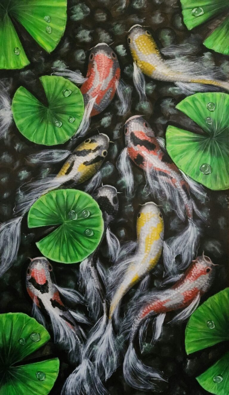Danielle Art Original Acrylic and Oil Paintings Koi fish swimming among lily pads with water droplets, reflecting fine art and good food.