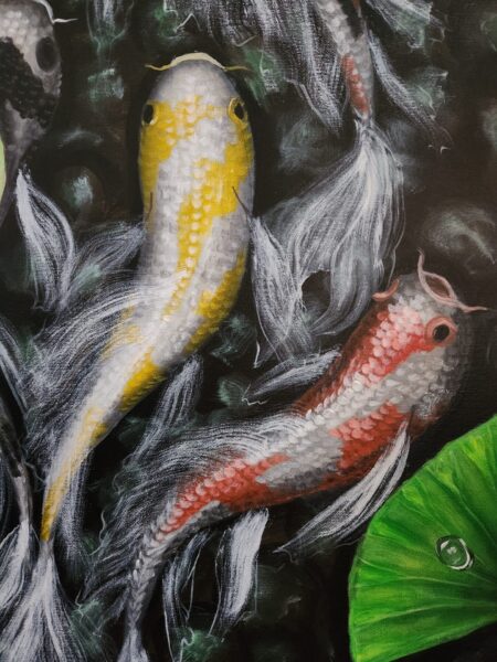 Danielle Art Original Acrylic and Oil Paintings Koi fish painting in pond with lily pad