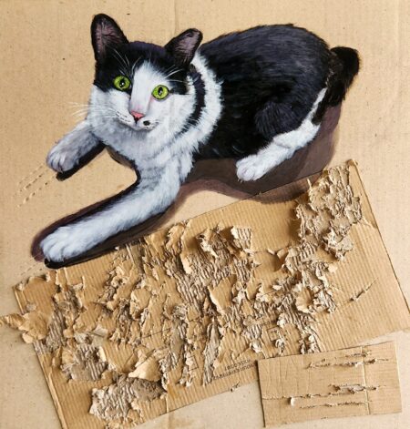 Danielle Art Original Acrylic and Oil Paintings Black and white cat, Oreo, lounging on a cardboard scratcher
