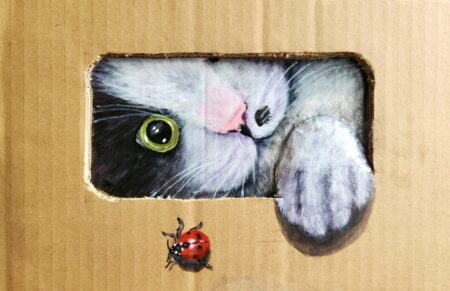 Danielle Art Original Acrylic and Oil Paintings Oreo in a Box 2: A black and white cat playfully peers out of a cardboard box hole, with a ladybug nearby.