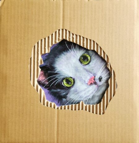 Danielle Art Original Acrylic and Oil Paintings Oreo in a Box 1: Painting of a black and white cat peering through a hole in a cardboard box, by Danielle Siauw.