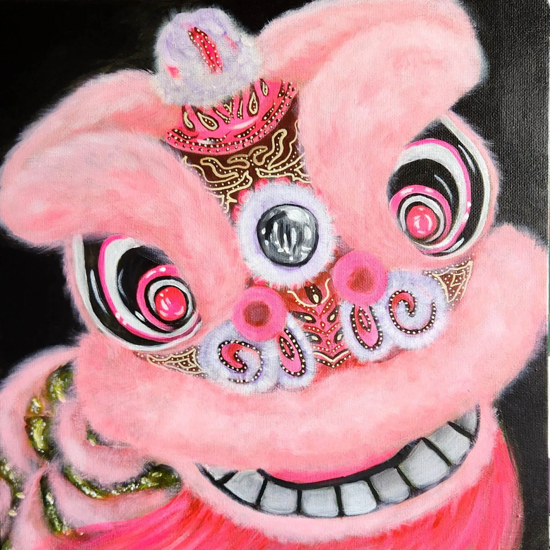 Barbie Lion painting of a pink lion dance head with intricate decorative detail.