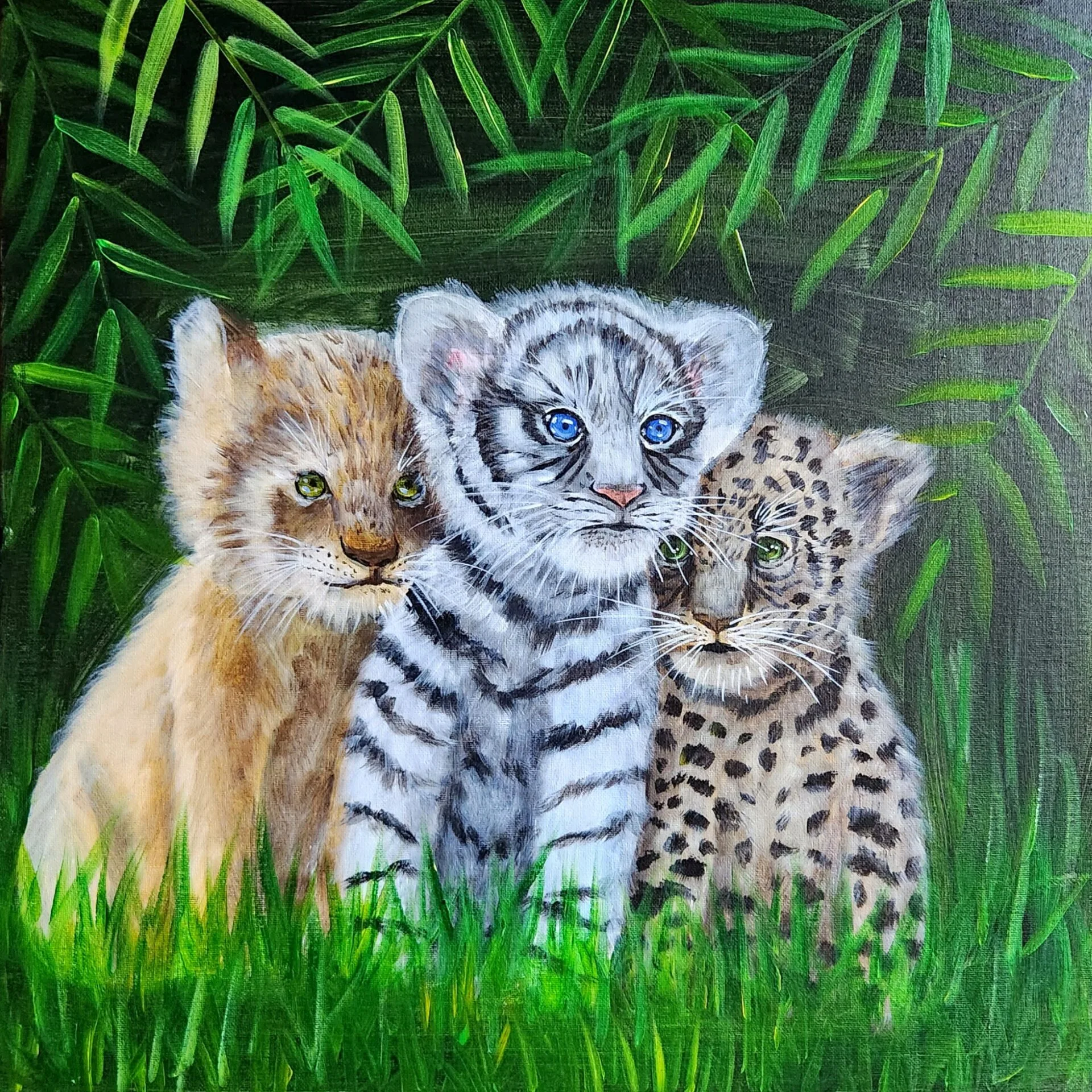 Jungle Siblings painting of lion, tiger and leopard cubs sitting together in grass.