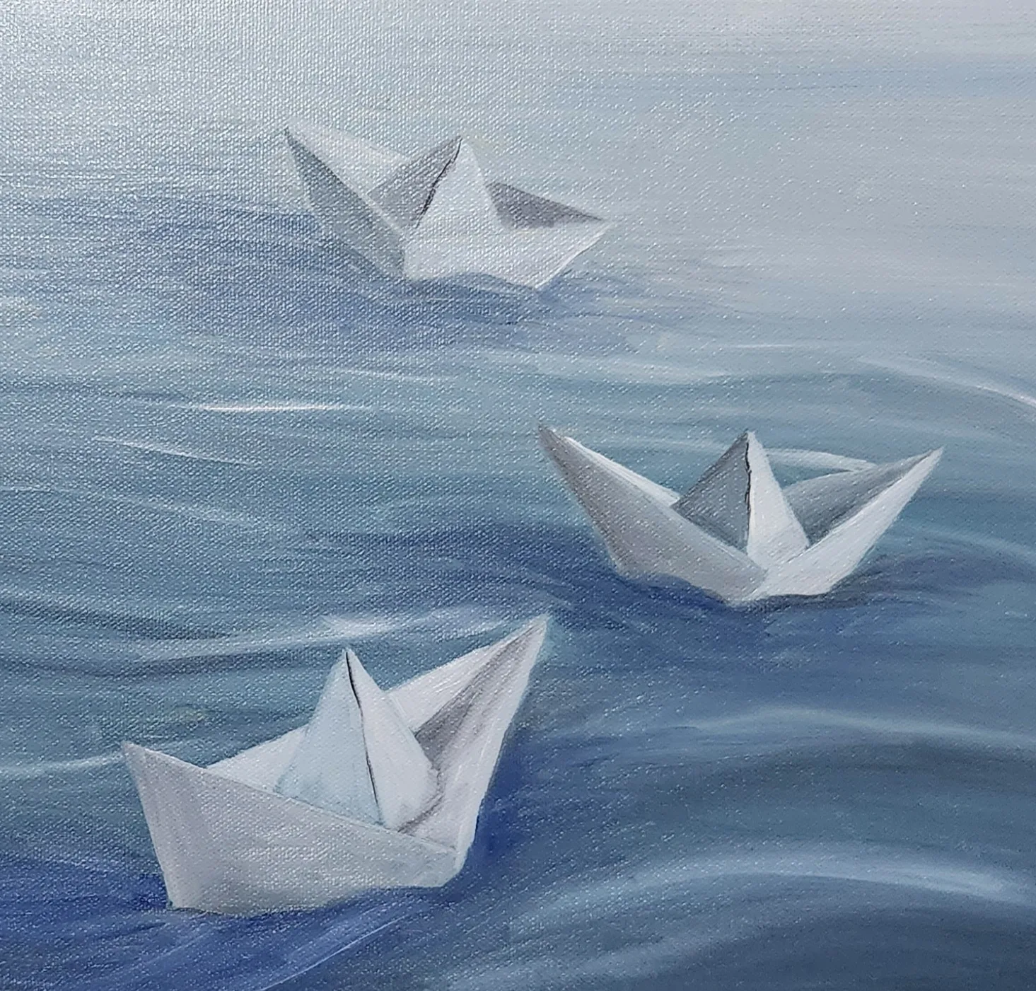 Danielle Art Original Acrylic and Oil Paintings Drifting Dreams: Painting of three white paper boats floating on a blue water surface.