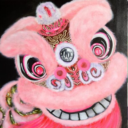 Danielle Art Original Acrylic and Oil Paintings Barbie Lion: A whimsical, pink lion dance head with intricate detailing and a playful expression.