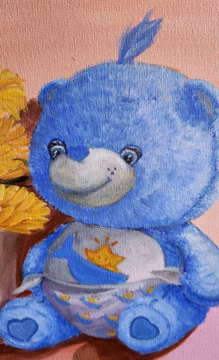 Danielle Art Original Acrylic and Oil Paintings Blue Care Bear painting with yellow flowers