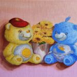Danielle Art Original Acrylic and Oil Paintings Childhood Comforts: Sunshine & Tugs art print featuring Care Bears and yellow flowers, inspired by childhood memories.