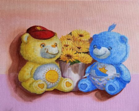 Danielle Art Original Acrylic and Oil Paintings Childhood Comforts: Sunshine & Tugs art print featuring Care Bears and yellow flowers, inspired by childhood memories.