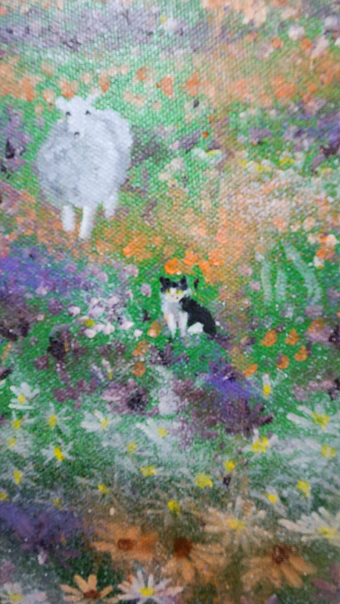 Danielle Art Original Acrylic and Oil Paintings Christian memorial art: Sheep and cat in a field of flowers, "Pets May Safely Graze