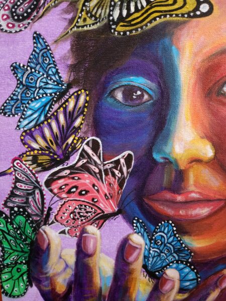 Danielle Art Original Acrylic and Oil Paintings Painting of a face surrounded by colorful butterflies, vibrant and surreal art
