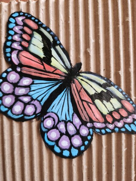 Danielle Art Original Acrylic and Oil Paintings Colorful butterfly painting on corrugated cardboard.