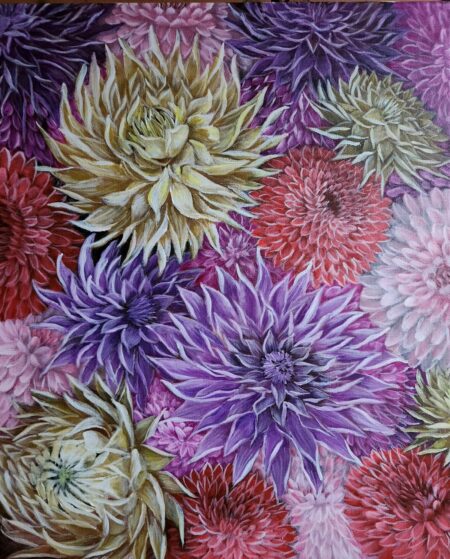 Danielle Art Original Acrylic and Oil Paintings My Darling Dahlias: Contemporary flower painting featuring colorful dahlias in red, purple, and yellow hues.