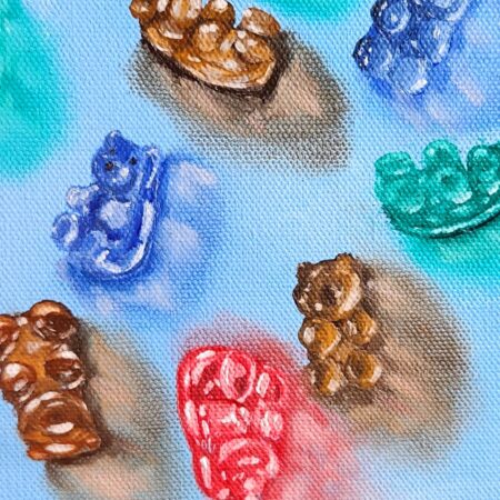 Danielle Art Original Acrylic and Oil Paintings Colorful gummy bears in red, blue, brown, and green on a light blue background.