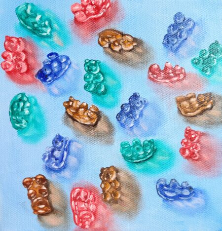 Danielle Art Original Acrylic and Oil Paintings Colorful gummy bear candies scattered on a blue surface, part of the "Collections" blog series.