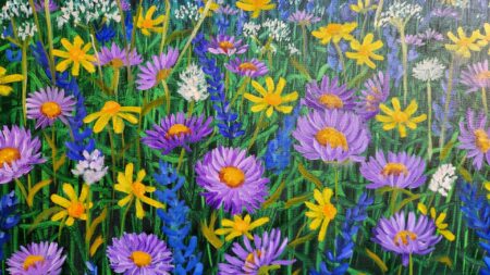 Danielle Art Original Acrylic and Oil Paintings Vibrant wildflower field painting with purple, yellow, blue, and white blooms.
