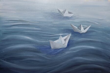 Danielle Art Original Acrylic and Oil Paintings Drifting Dreams painting: Three white paper boats sailing on a calm, blue body of water