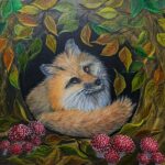 Danielle Art Original Acrylic and Oil Paintings Fox curled in a den surrounded by autumn leaves and red mushrooms, Collect Well 10 art.