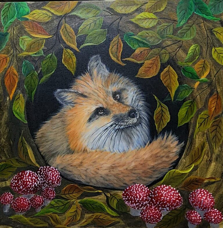 Danielle Art Original Acrylic and Oil Paintings Fox curled in a den surrounded by autumn leaves and red mushrooms, Collect Well 10 art.
