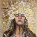 Freedom Girl Freedom in Bloom painting with a woman wearing a daisy crown and golden flowers.