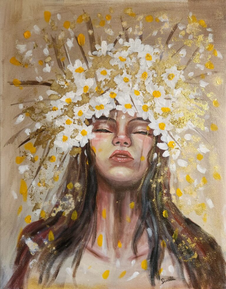 Danielle Art Original Acrylic and Oil Paintings Freedom Girl: Freedom in Bloom, inspirational feminine artwork featuring a woman with a daisy crown.