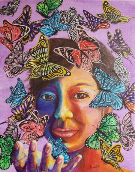 Danielle Art Original Acrylic and Oil Paintings Freedom Girl: Wings of Renewal transformational self-portrait painting with butterflies
