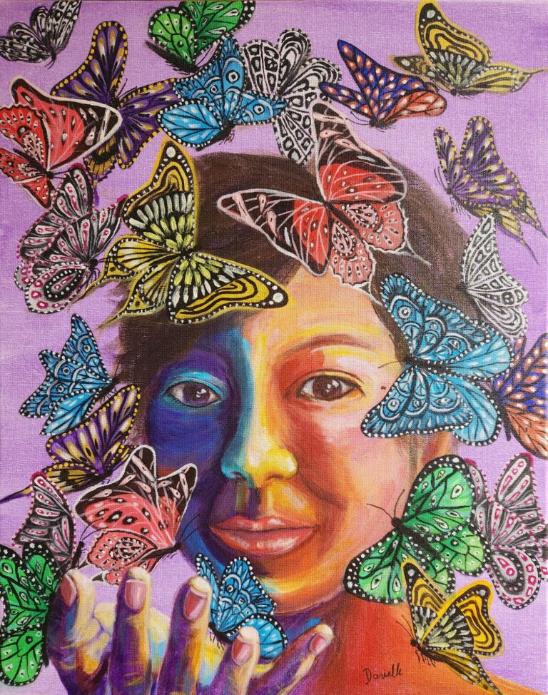Freedom Girl Wings of Renewal self-portrait painting with butterflies and vibrant pink and blue tones.