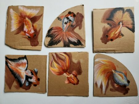 Danielle Art Original Acrylic and Oil Paintings Graceful Goldfish: Six contemporary realism goldfish art pieces painted on cardboard.