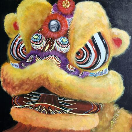 Danielle Art Original Acrylic and Oil Paintings Ken Lion: Modern reinterpretation of lion dance head, vibrant colors, captivating oil painting