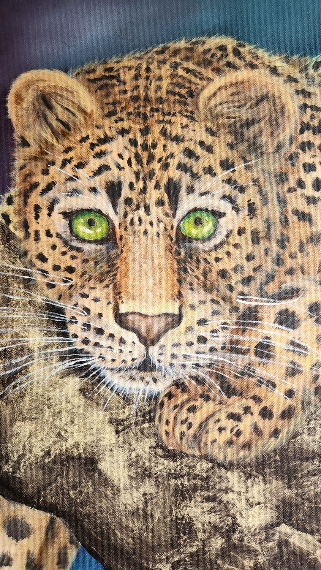 Danielle Art Original Acrylic and Oil Paintings Detailed painting of a leopard with striking green eyes, showcasing artistic skill.