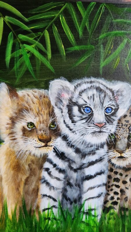 Danielle Art Original Acrylic and Oil Paintings Lion, white tiger, and leopard cubs in a jungle setting