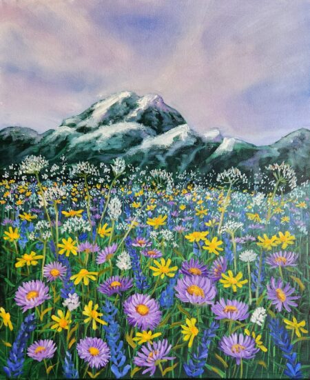 Danielle Art Original Acrylic and Oil Paintings Meadow Serenity: Wildflower and mountain landscape art featuring vibrant wildflowers against a majestic snow-capped mountain.
