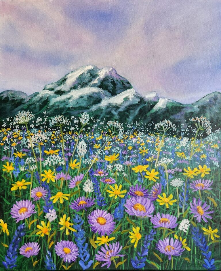 Meadow Serenity painting with colourful wildflowers and snow-capped mountains.