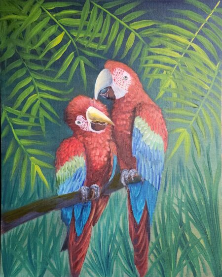 Danielle Art Original Acrylic and Oil Paintings Two colorful scarlet macaws perched on a branch amidst lush tropical foliage.