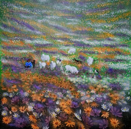 Danielle Art Original Acrylic and Oil Paintings Pets May Safely Graze: Painting of shepherd, sheep, dogs in floral field, Christian memorial for pets in art.