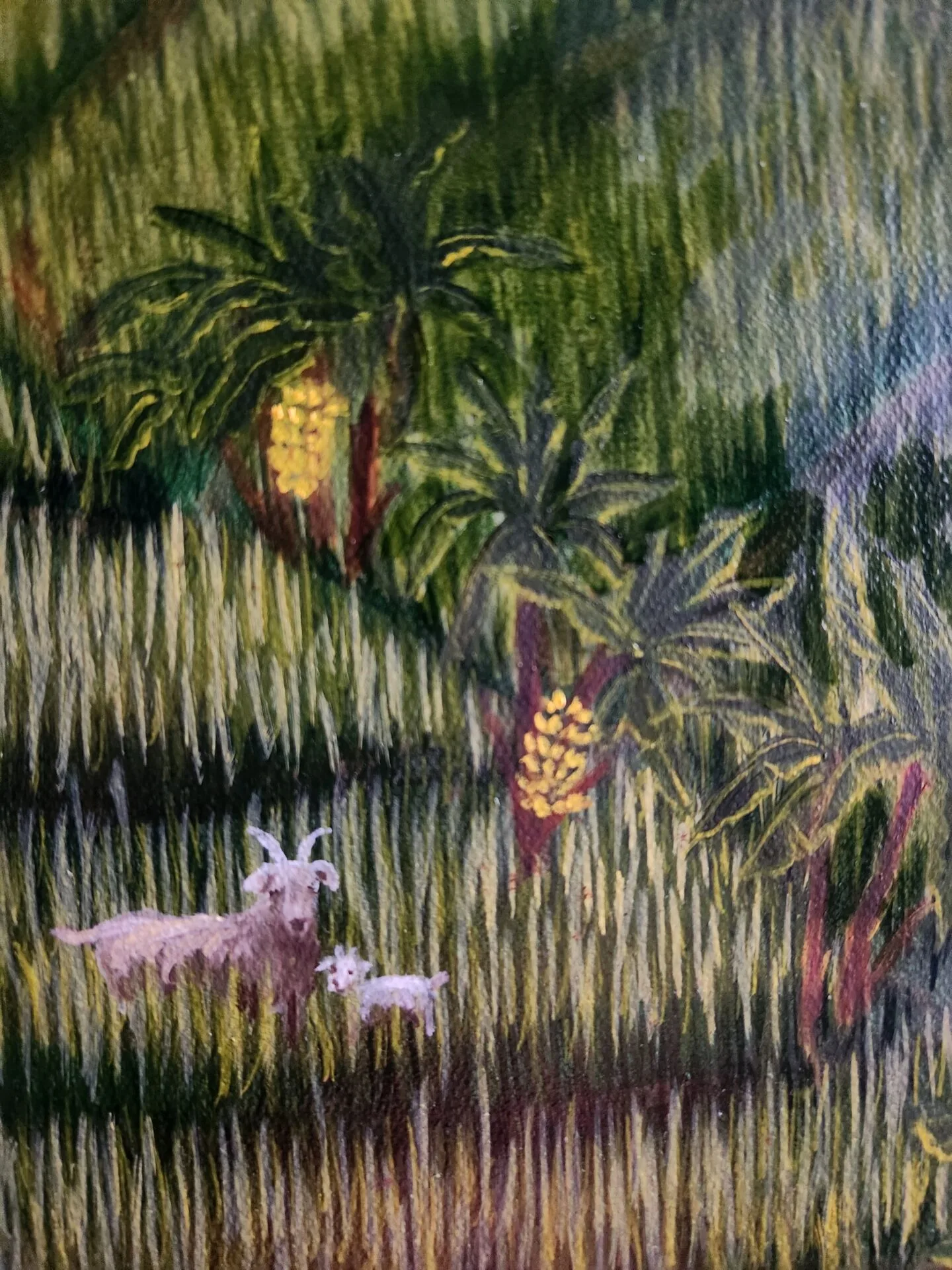 Danielle Art Original Acrylic and Oil Paintings Vibrant rice paddy art with goats and banana trees