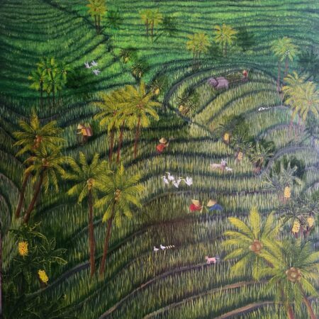 Danielle Art Original Acrylic and Oil Paintings Vibrant rice paddy art of Yogyakarta, Indonesia, with farmers, palm trees, and water buffalo