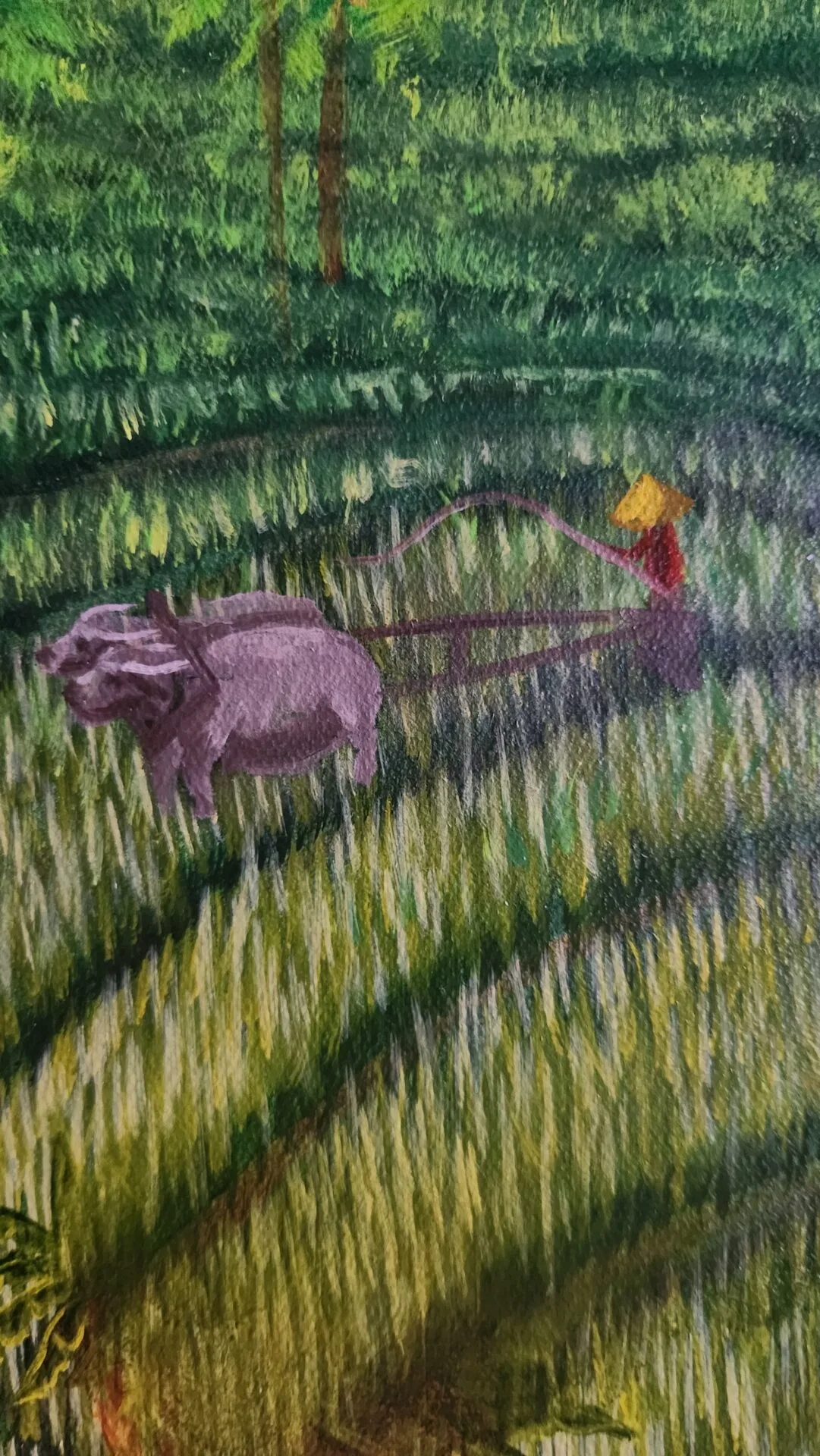 Danielle Art Original Acrylic and Oil Paintings Vibrant rice paddy art depicting a farmer and water buffalo plowing a field