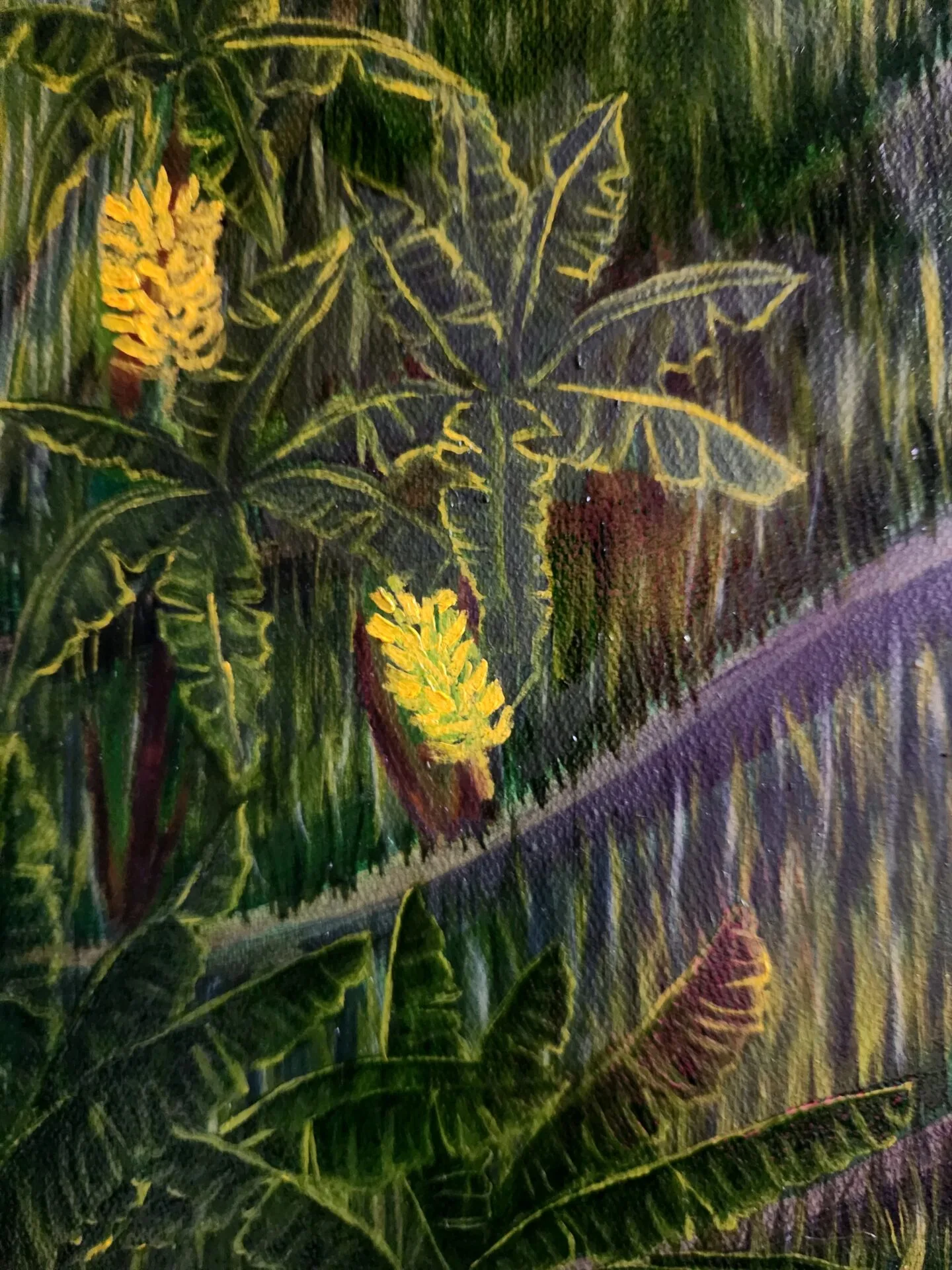 Danielle Art Original Acrylic and Oil Paintings Vibrant rice paddy art with yellow banana blossoms and lush green foliage.