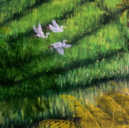 Danielle Art Original Acrylic and Oil Paintings Vibrant rice paddy art painting of egrets flying over lush green terraces