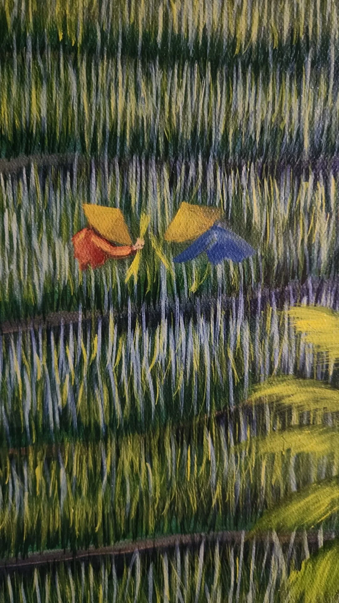 Danielle Art Original Acrylic and Oil Paintings Vibrant rice paddy art featuring farmers in conical hats working in lush green fields.