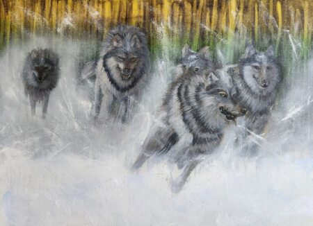 Danielle Art Original Acrylic and Oil Paintings Run with the Pack: Wolves running through snow artwork