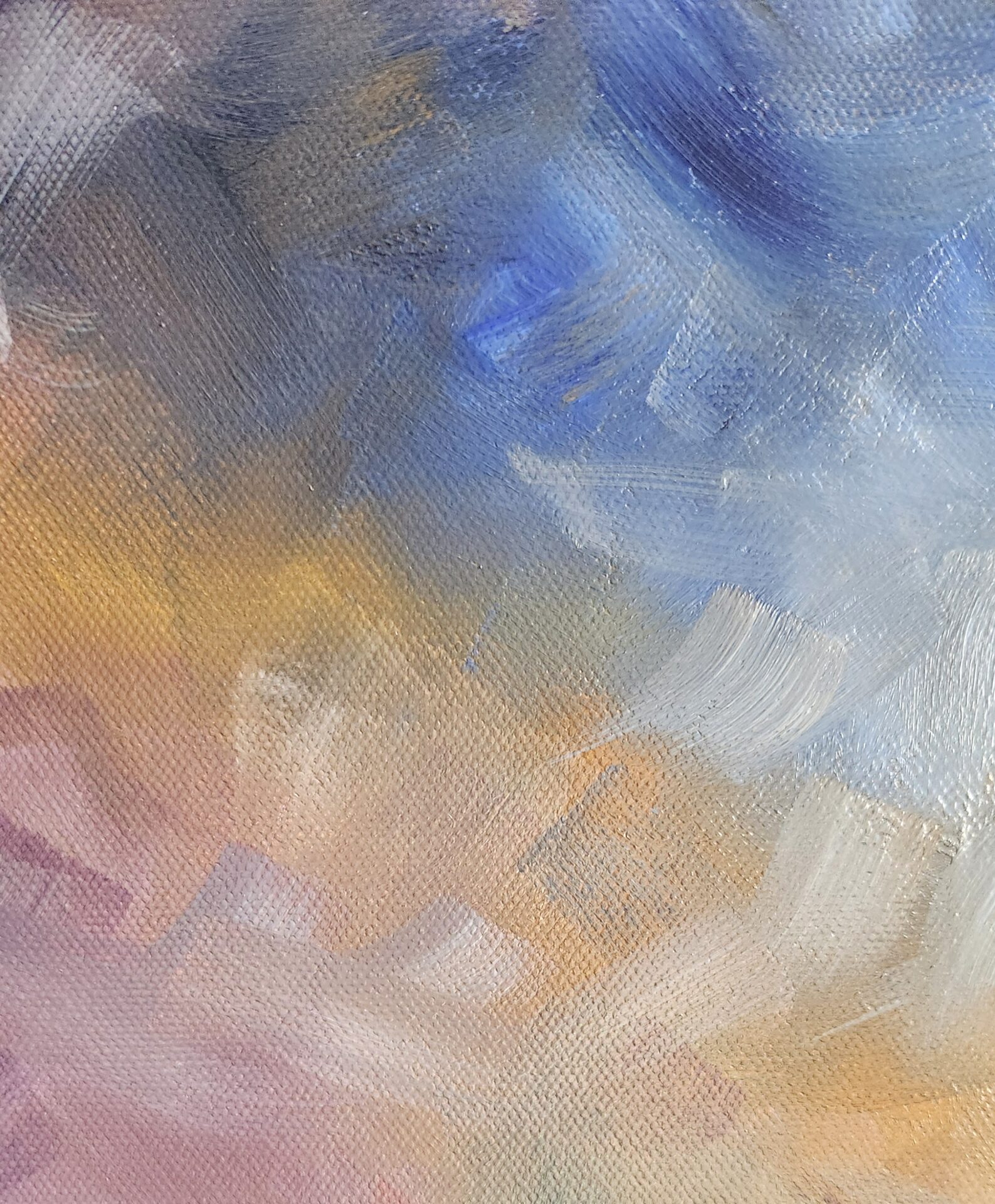 Danielle Art Original Acrylic and Oil Paintings Serene dusk-inspired abstract art with soft blues, purples, and warm golden hues.