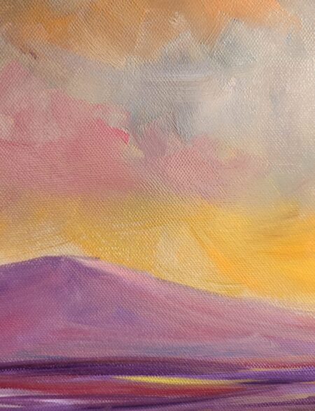 Danielle Art Original Acrylic and Oil Paintings Serene dusk-inspired art painting with purple mountains and a vibrant yellow and pink sky.