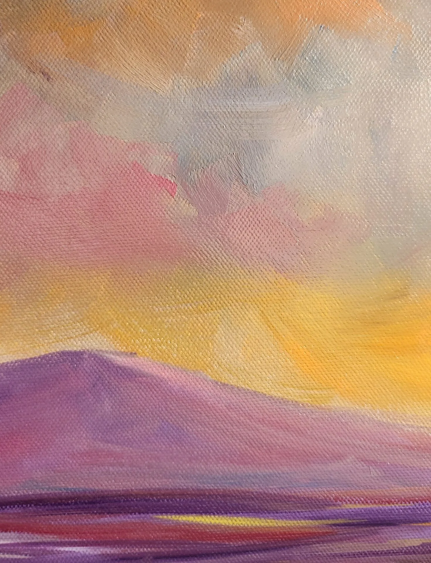 Danielle Art Original Acrylic and Oil Paintings Serene dusk-inspired art painting with purple mountains and a vibrant yellow and pink sky.