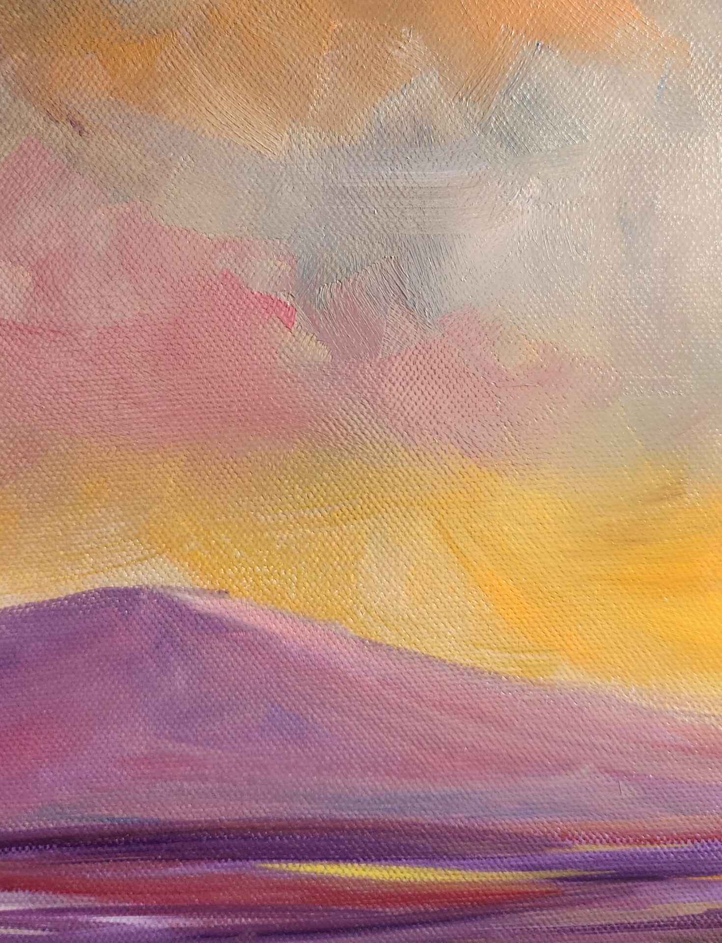 Danielle Art Original Acrylic and Oil Paintings Serene dusk-inspired art painting with purple mountains and a vibrant yellow and pink sky.