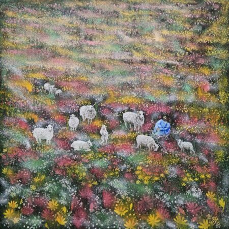 Danielle Art Original Acrylic and Oil Paintings Painting of sheep grazing in a colorful, festive field, part of the ART COLLECTIVE 3 series.
