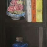 Shelf of Stories still life painting with books, plants and cherished objects on a shelf.