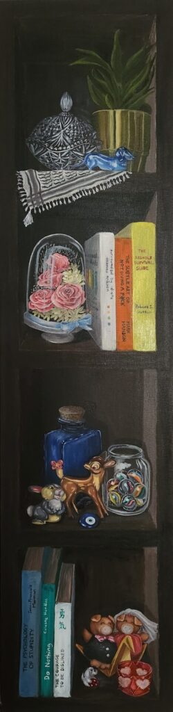Danielle Art Original Acrylic and Oil Paintings Shelf of Stories painting: Books, trinkets, and plants, a meaningful painting for emotional growth.