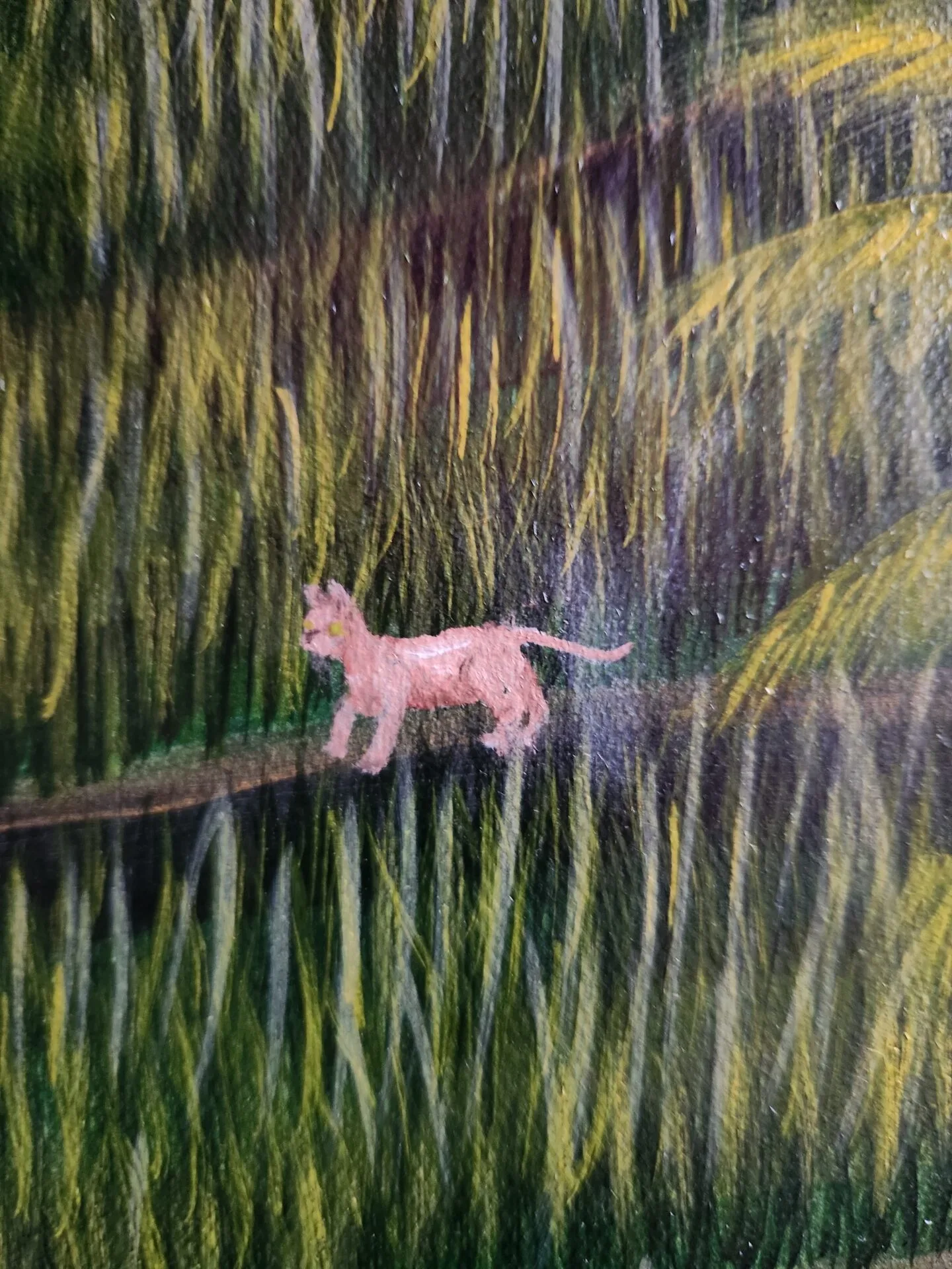 Danielle Art Original Acrylic and Oil Paintings Vibrant rice paddy art with a small cat walking on a branch